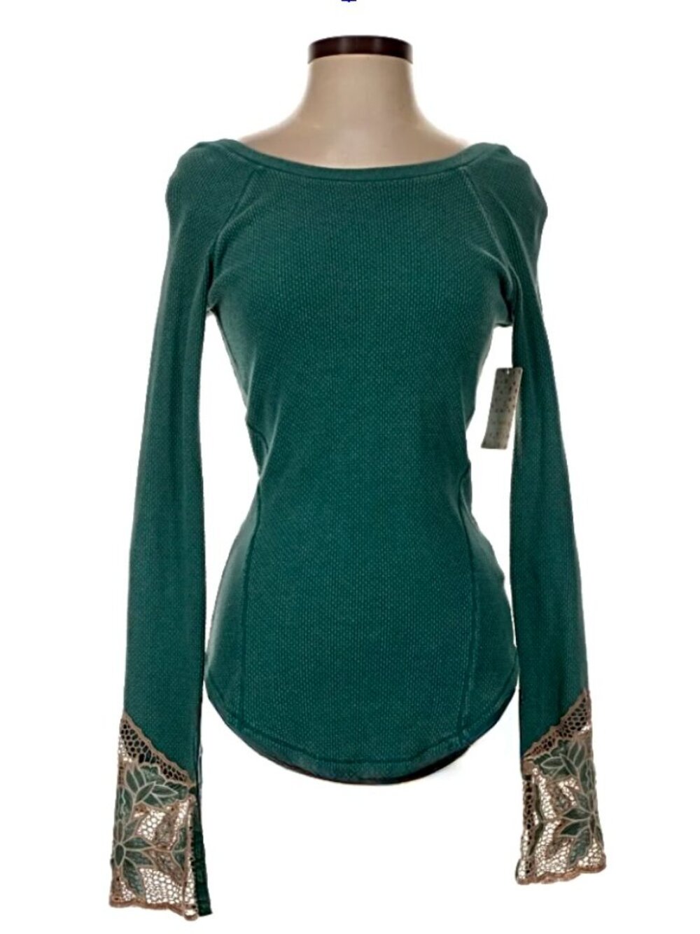 Free People Jade Combo Thermal Top XS Floral Crochet Lace Cuff Long Sleeve Boho